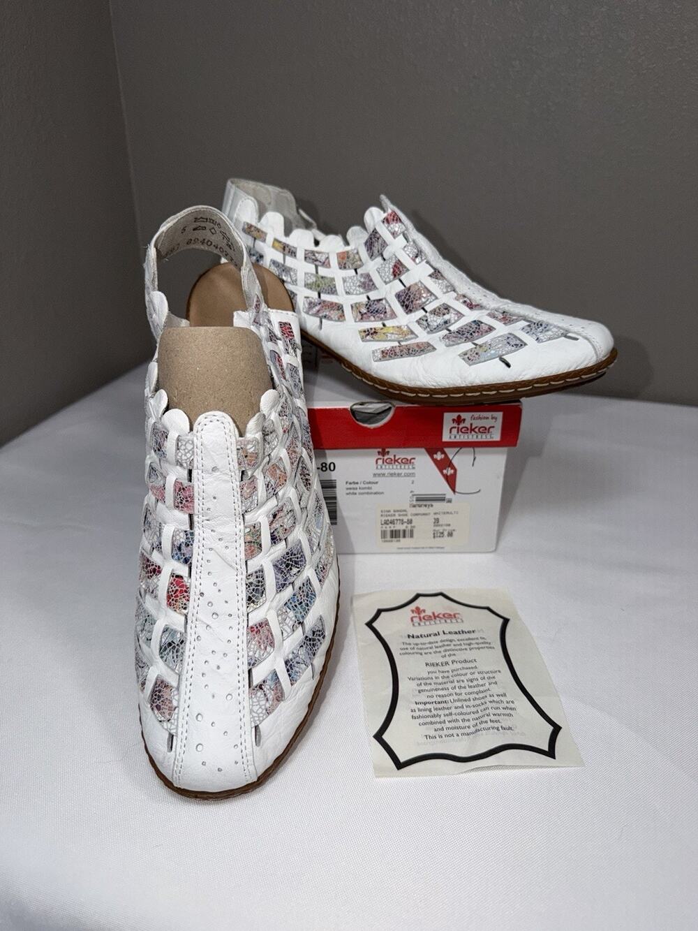 Rieker Womens Sina White Woven Cutout Leather Slingback Sandals Heels 8 39
